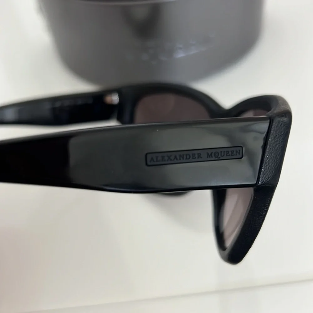 Alexander McQueen Black Leather Wayfarer Sunglasses Grey Lens w/ Case